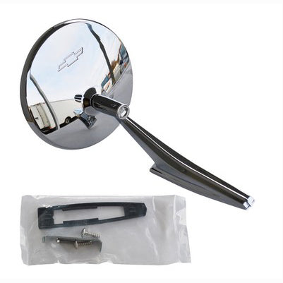 UNIVERSAL 4.5 inch SPORT MIRROR, CHROME, WITH BOWTIE, GM LICENSED, LH=RH W/GASKET AND HARDWARE