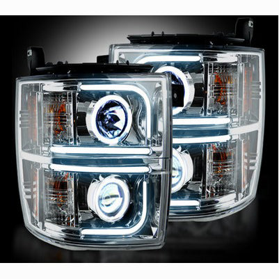 2014-15 Silverado 1500 w/OE halogen lights. Projector Headlights, Chrome/Clear.