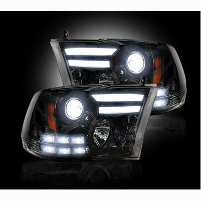 2013-18 Ram 1500, 2013-18 2500/3500 (w/OE projectors) Projector Headlights, Smoked/Black