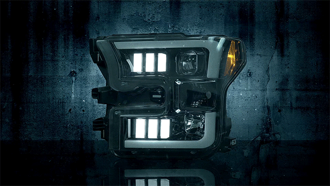 2015-17 F150 Projector headlights with OLED DRL and scanning signals, Black/smoke (Fits trucks w/OE halogen headlights)