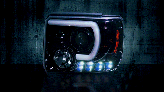 2014-18 Sierra 1500, 2015-19 2500/3500 Projector headlights with OLED DRL, Smoked/Black