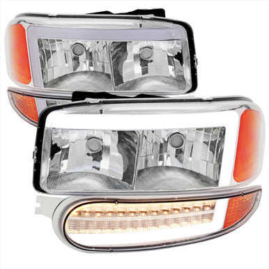 2000-06 GMC Sierra Yukon Denali Headlight And Led Bumer Light Chrome Housing And Clear Lens With Led Bar