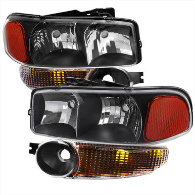 2000-06 GMC Sierra Denali Oe Headlights And Bumper Lights Matte Black Housing And Clear Lens Uses Stock Bulbs