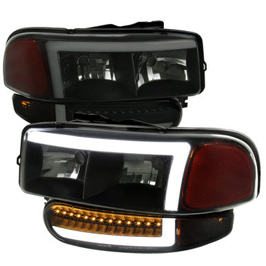 2000-06 GMC Sierra Yukon Denali Headlight And Led Bumer Light Matte Black Housing And Smoked Lens With Led Bar