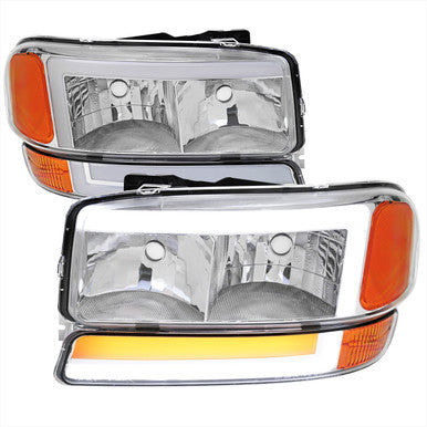 1999-07 GMC Sierra 00-06 Gmc Yukon/ Yukon Xl Headlight And Bumper Light Combo With Led Bar Chrome Housing And Clear Lens - Uses Stock Bulbs - Not Compatible Denali Models