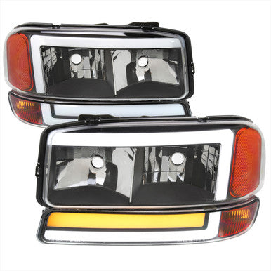 1999-07 GMC Sierra 00-06 Gmc Yukon/ Yukon Xl Headlight And Bumper Light Combo With Led Bar Matte Black Housing And Clear Lens - Uses Stock Bulbs - Not Compatible Denali Models