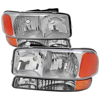 1999-07 GMC Sierra 00-06 Gmc Yukon/ Yukon Xl Oe Style Headlights And Bumper Lights Chrome Housing And Clear Lens - Uses Stock Bulbs - Not Compatible Denali Models