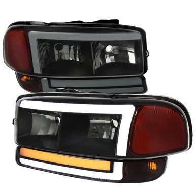 1999-07 GMC Sierra 00-06 Gmc Yukon/ Yukon Xl Headlight And Bumper Light Combo With Led Bar Matte Black Housing And Smoked Lens - Uses Stock Bulbs - Not Compatible Denali Models