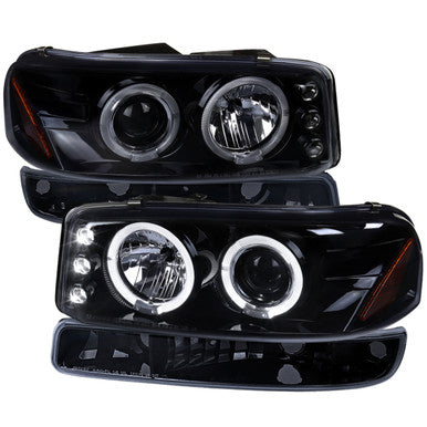 1999-06 GMC Sierra 1500 Projector Headlights And Bumper Lights Gloss Black Smoke Lens