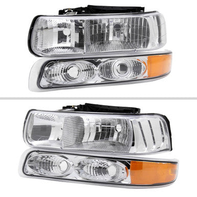 1999-02 Chevrolet Silverado 1500 Headlight And Bumper Light With Amber Reflector Combo Chrome Housing Clear Lens - Bulbs Not Included