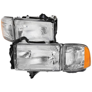 1999-01 Dodge Ram 1500 2500 3500 Headlights And Corner Lights Chrome Housing Clear Lens Amber Reflector