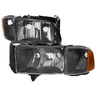 1999-01 Dodge Ram 1500 2500 3500 Sport Headlights And Corner Lights Matte Black Housing Clear Lens Amber Reflector