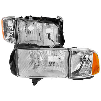 1999-01 Dodge Ram 1500 2500 3500 Sport Headlights And Corner Lights Chrome Housing Clear Lens Amber Reflector