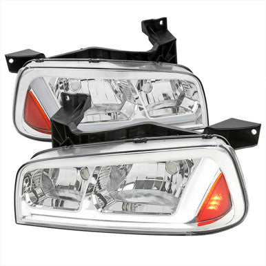 2006-10 Dodge Charger Headlights With Led Bar Chrome Housing Clear Lens - Amber Reflector Led Bar Park & Sequential Signal Light Included Use Stock 9006 Xs Low & 9005 Xs