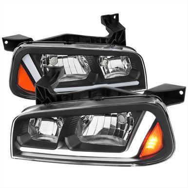 2006-10 Dodge Charger Headlights With Led Bar Matte Black Housing Clear Lens - Amber Reflector Led Bar Park & Sequential Signal Light Included Use Stock 9006 Xs Low & 9005 Xs