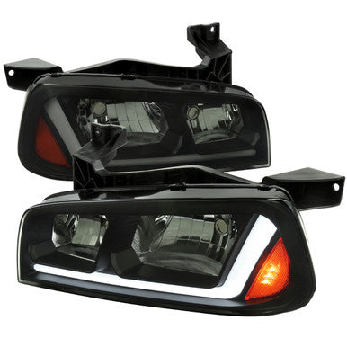 2006-10 Dodge Charger Headlights With Led Bar Matte Black Housing Smoked Lens - Amber Reflector Led Bar Park & Sequential Signal Light Included Use Stock 9006 Xs Low & 9005 Xs