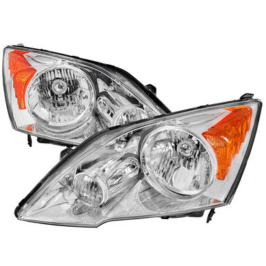 2007-11 Honda CrV Headlights Chrome Housing Clear Lens With Amber Reflector - No Bulbs Included