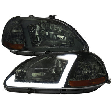 1996-98 Honda Civic Headlight Chrome Housing And Smoked Lens With Led Bar - Oe Style Amber Reflector - Uses Stock Bulbs