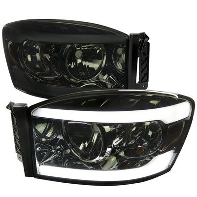 2006-08 Ram1500, 06-09 Ram 2500/3500 Healights With Led Bar Chrome Housing And Smoked Lens