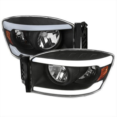 2006-08 Dodge Ram Headlights With Led Bar Matte Black Housing Clear Lens