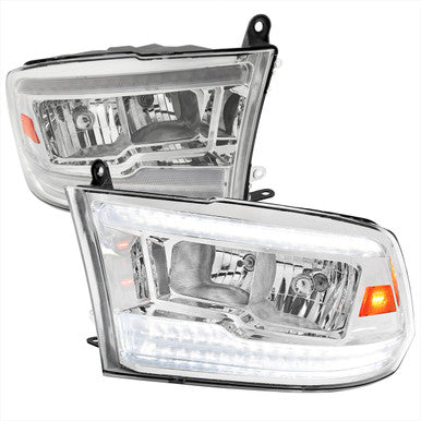 2009-19 Dodge Ram Switchback Led Bar Headlight Chrome Housing And Clear Lens - Facelift Style - Amber Reflector - Led Sequential Signal - Breathing Light Effect - H7 Low Beam H7 High Beam