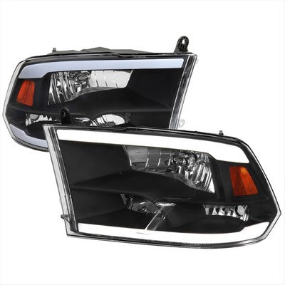 2009-18 Dodge Ram Headlights With Led Bar Clear Lens Matte Black Housing And Amber Reflector