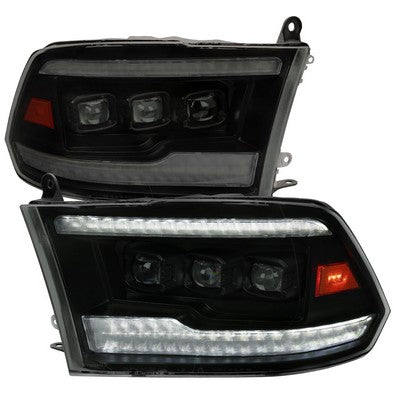 2009-19 Dodge Ram Projector Headlights Facelift Style Black Housing Smoked Lens With Amber Reflector Switchback Led Light Bar/ Led Sequential Signal/ Breathing Light Effect/ Led High & Led Low