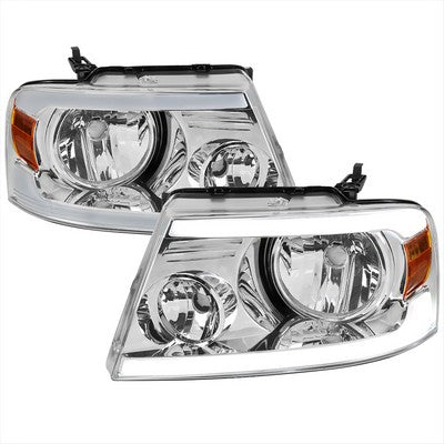 2004-08 F150 Headlights With Led Bar Clear Lens Chrome Housing And Amber Reflector