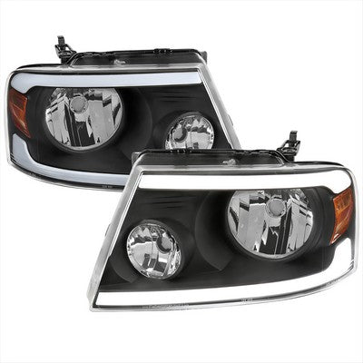2004-08 F150 Headlights With Led Bar Clear Lens Matte Black Housing And Amber Reflector
