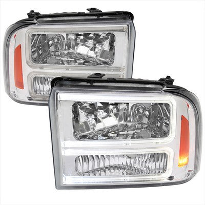 2005-07 Ford F250 F350 Headlights With Led Bar Chrome Housing Clear Lens Amber Reflector - Uses Stock Bulbs