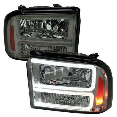 2005-07 Ford F250 F350 Headlights With Led Bar Chrome Housing Smoked Lens Amber Reflector - Uses Stock Bulbs