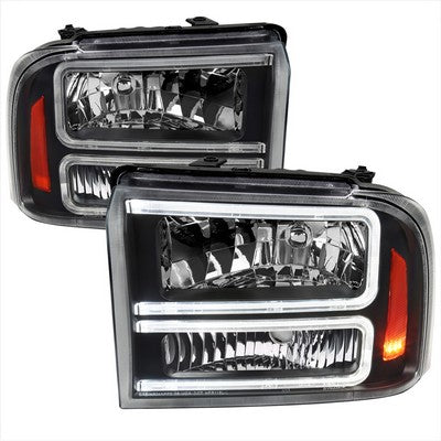 2005-07 Ford F250 F350 Headlights With Led Bar Black Housing Clear Lens Amber Reflector - Uses Stock Bulbs
