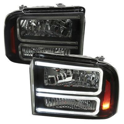 2005-07 Ford F250 F350 Headlights With Led Bar Black Housing Smoked Lens Amber Reflector - Uses Stock Bulbs