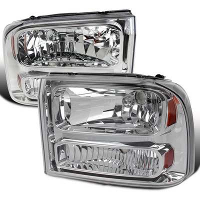 1999-04 Superduty & 2000-04 Excursion Chrome 1-Piece Crystal Headlights