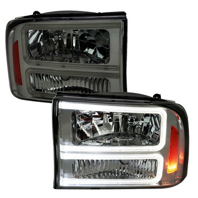 1999-04 Ford F250 F350 1 Piece Headlights With Led Bar Chrome Housing And Smoked Lens Amber Reflector - Uses Stock Bulbs
