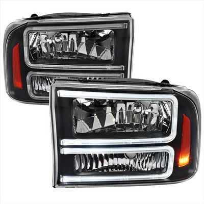 1999-04 Ford F250 F350 1 Piece Headlights With Led Bar Black Housing And Clear Lens Amber Reflector - Uses Stock Bulbs