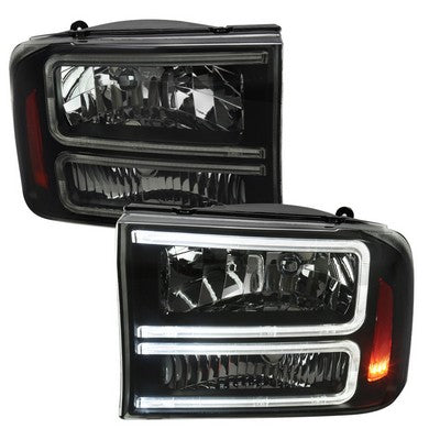 1999-04 Ford F250 F350 1 Piece Headlights With Led Bar Black Housing And Smoked Lens Amber Reflector - Uses Stock Bulbs