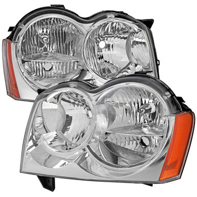 2005-07 Jeep Grand Cherokee Headlights Chrome Housing Clear Lens With Amber Reflector - No Bulbs Included