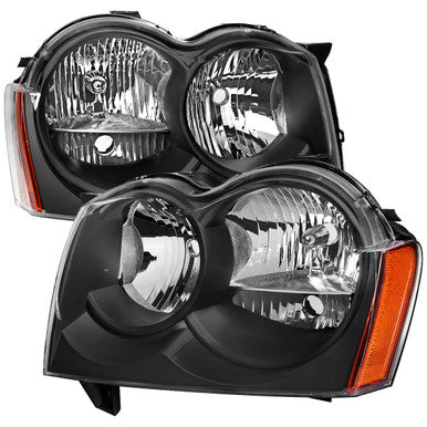 2005-07 Jeep Grand Cherokee Headlights Black Housing Clear Lens With Amber Reflector - No Bulbs Included