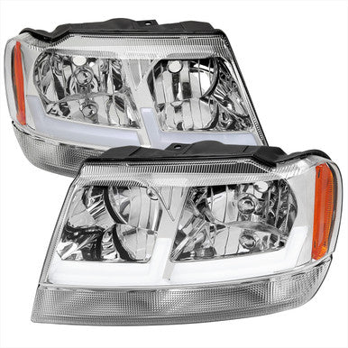 1999-04 Jeep Grand Cherokee Led Bar Headlights With Chrome Housing And Clear Lens Amber Reflector - Uses Stock Bulbs
