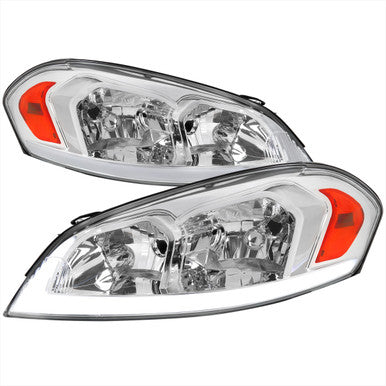 2006-13 Chevrolet Impala Led Light Bar Headlights Chrome Housing Clear Lens Amber Reflectors - Switchback Led Light Bar Led Sequential Signal H9 High H11 Low Not Included