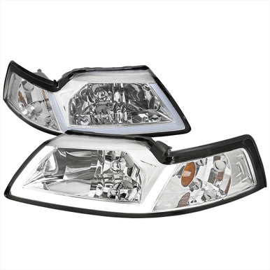 1999-04 Ford Mustang Oe Headlights With Led Bar Chrome Housing And Clear Lens