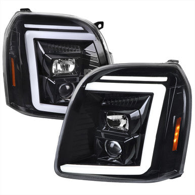 2007-14 GMC Yukon Projector Headlights With Led Bar Glossy Black Housing And Clear Lens - Swtichback And Sequential Turn Signals