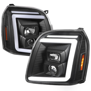 2007-14 GMC Yukon Projector Headlights With Led Bar Matte Black Housing And Clear Lens - Swtichback And Sequential Turn Signals