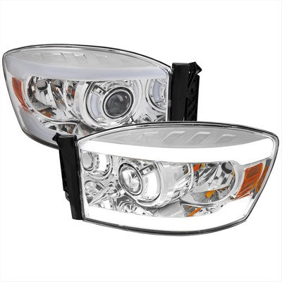 2006-08 Dodge Ram Projector Headlights With Led Bar Chrome Housing Clear Lens And Amber Reflector