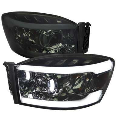 2006-08 Dodge Ram Quad Style Headlights With Led Bar Chrome Housing And Smoked Lens
