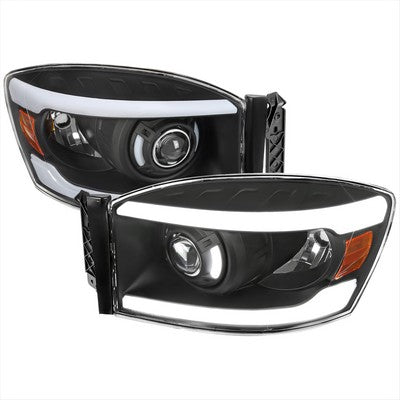 2006-08 Dodge Ram Projector Headlights With Led Bar Matte Black Housing Clear Lens And Amber Reflector