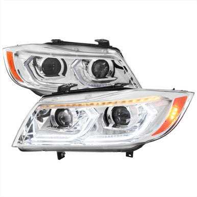 2006-11 BMW 3series E90 Sedan Projector Headlights Chrome Housing Clear Lens - Oe Halogen Models Only - Amber Reflector Switchback Led Light Bar Led Sequential Signal Breathing Light Effect