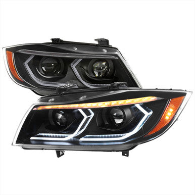 2006-11 BMW 3series E90 Sedan Projector Headlights Matte Black Housing Clear Lens - Oe Halogen Models Only - Amber Reflector Switchback Led Light Bar Led Sequential Signal Breathing Light Effect