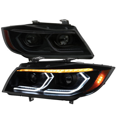 2006-11 BMW 3series E90 Sedan Projector Headlights Matte Black Housing Smoked Lens - Oe Halogen Models Only - Amber Reflector Switchback Led Light Bar Led Sequential Signal Breathing Light Effect